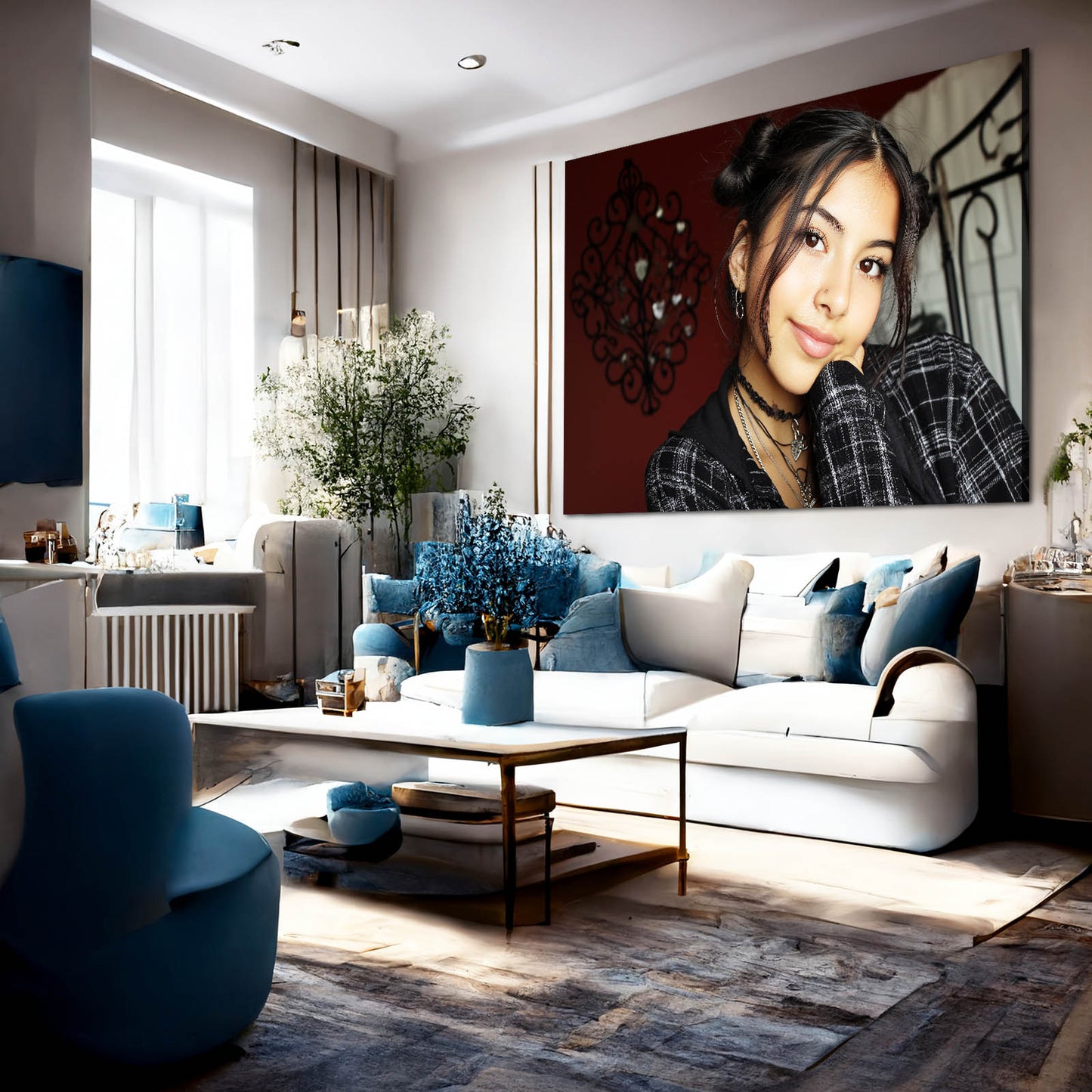 Plaid Portrait Dark Red Photography Canvas – styled in a furnished interior