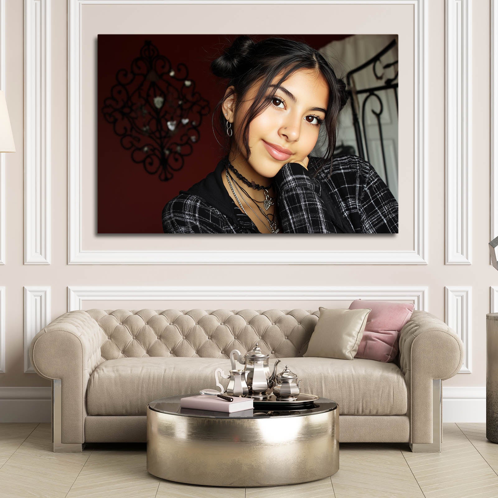 Plaid Portrait Dark Red Photography Canvas – styled in a furnished interior