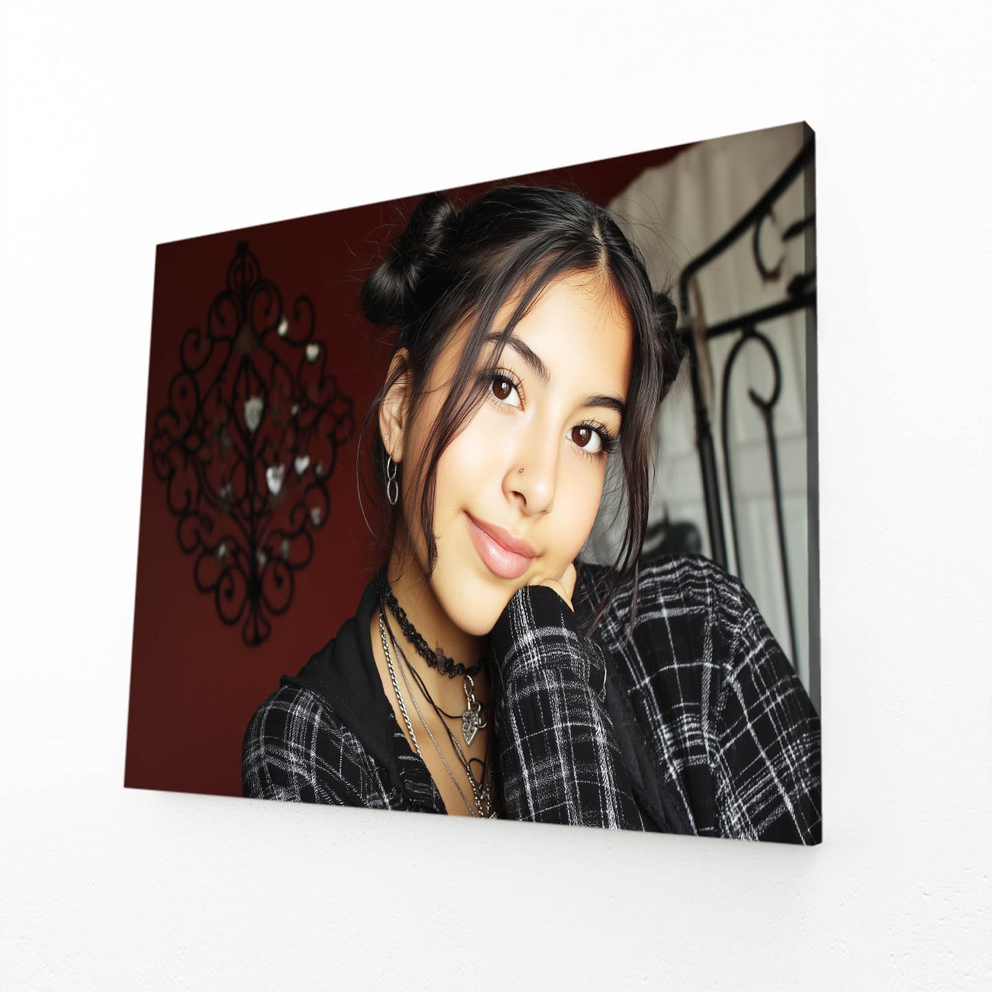 Plaid Portrait Dark Red Photography Canvas – angled canvas view on white background