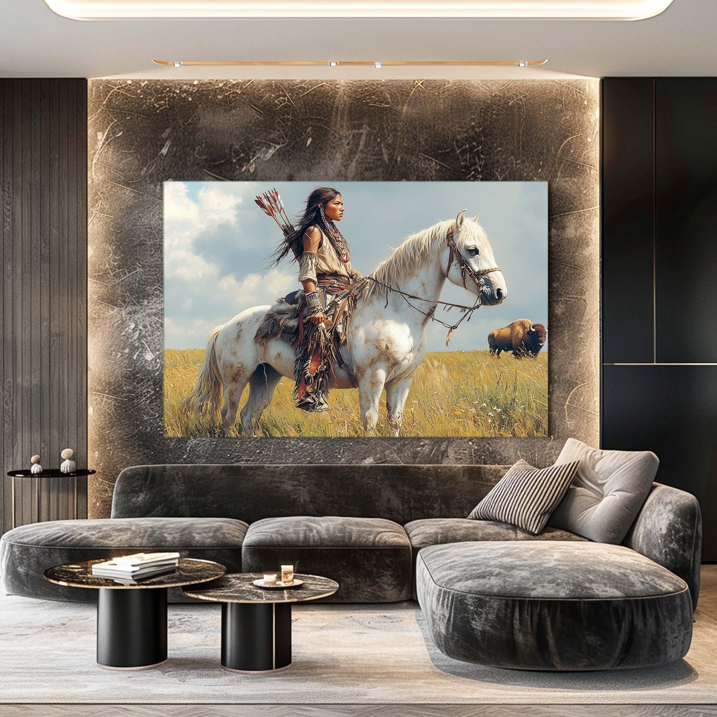 Plains Rider Vista Horse Wall Decor — realism canvas print, styled in a furnished interior