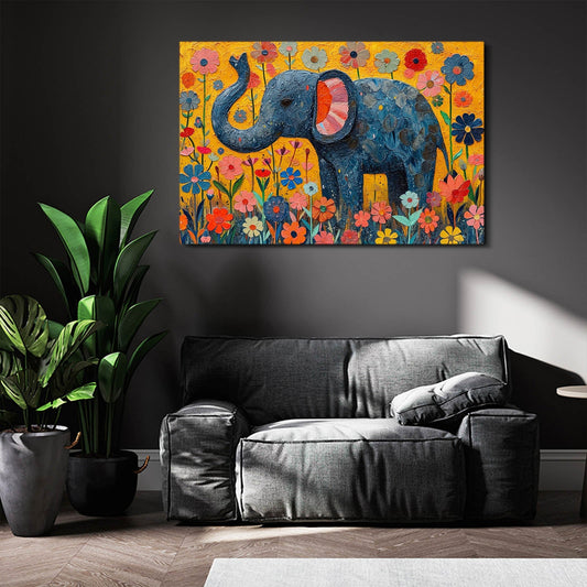 Playful Elephant Flower Art — contemporary canvas print in blue tones, view 3