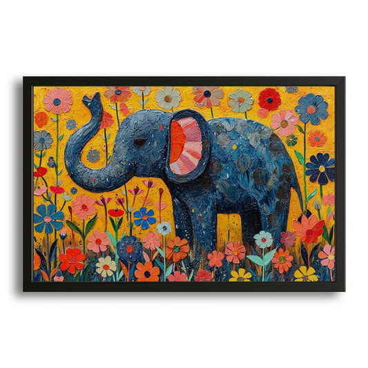Playful Elephant Flower Art — contemporary canvas print in blue tones, canvas print on white background