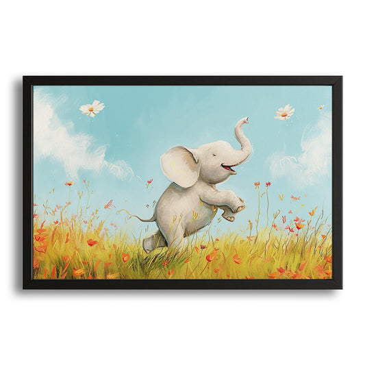 Playful Elephant Nursery Art — anime canvas print in gold tones, with Premium Black frame on white background