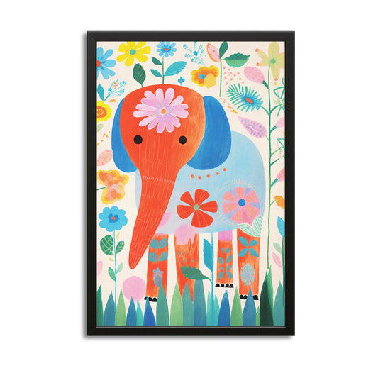 Playful Floral Elephant Canvas — cute canvas print in white tones, with Premium Black frame on white background