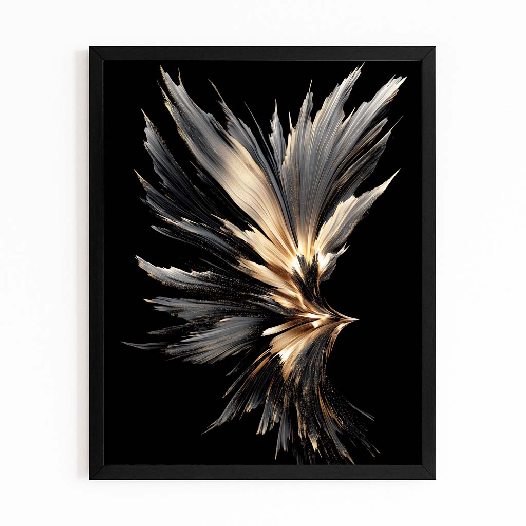 Plume Feather Spray Gold Art – with Premium Black frame on white background