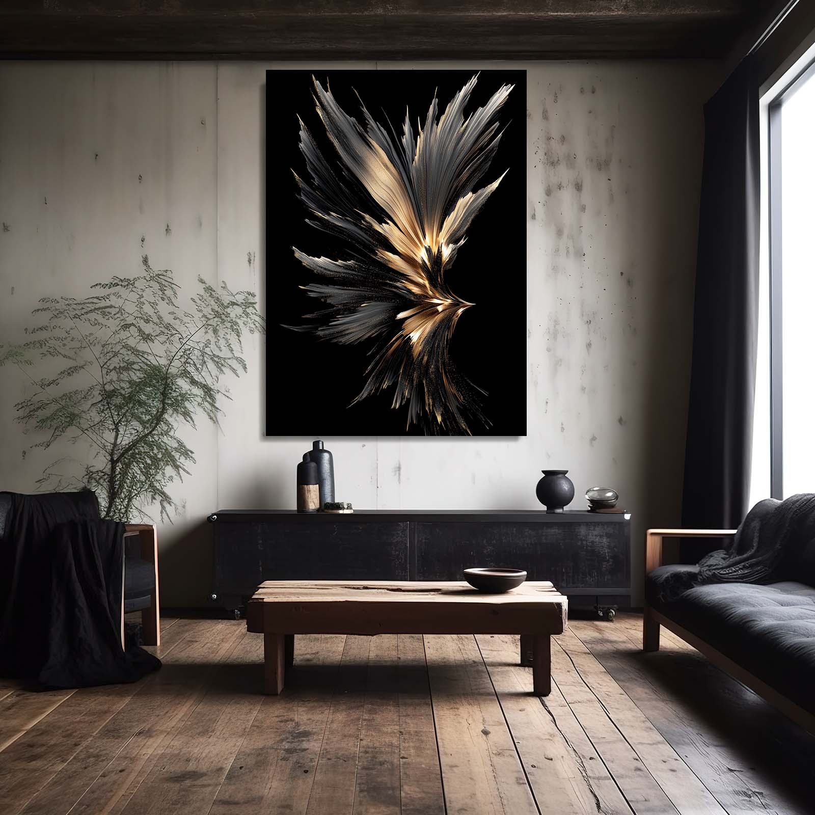 Plume Feather Spray Gold Art – styled in a furnished interior