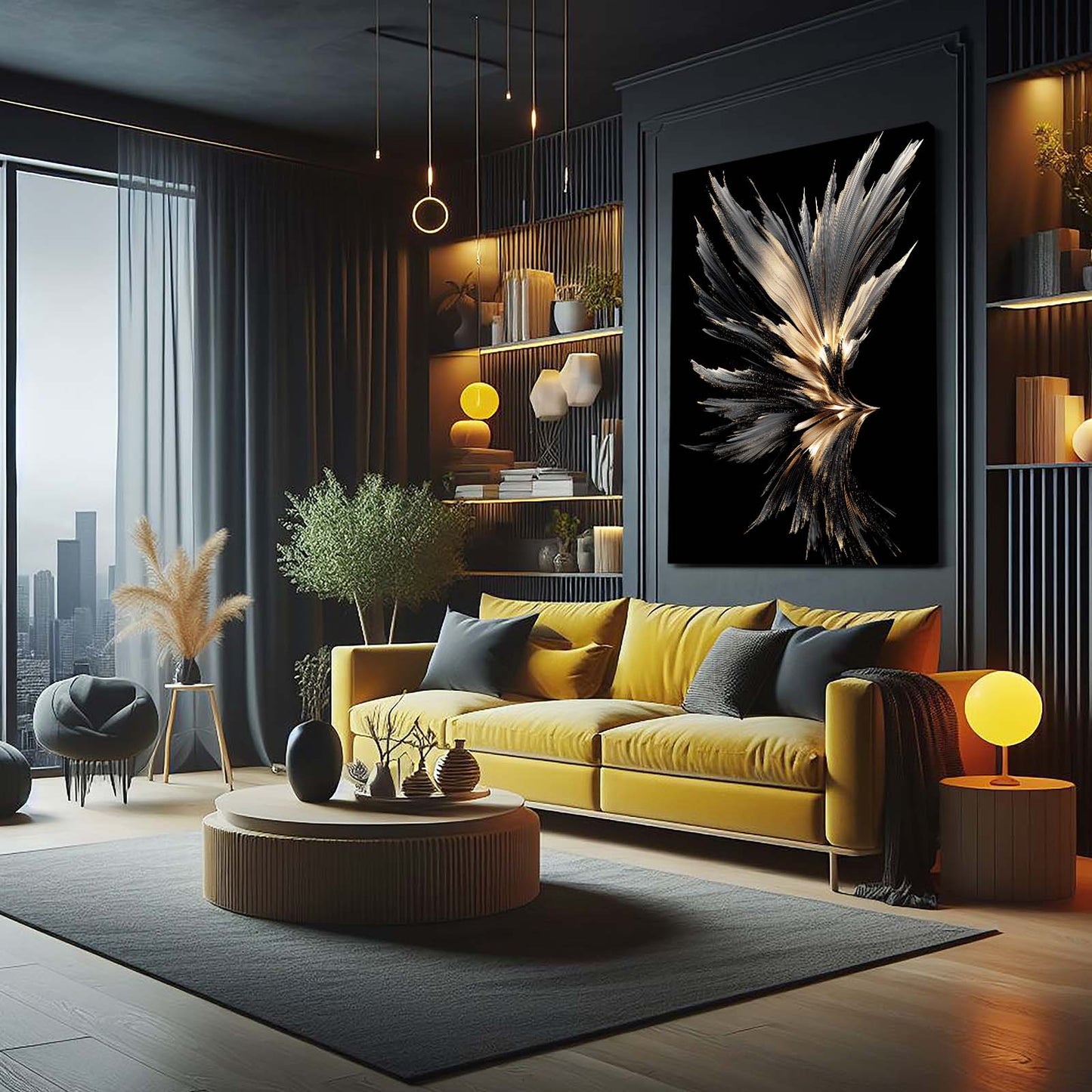 Plume Feather Spray Gold Art – styled in a furnished interior