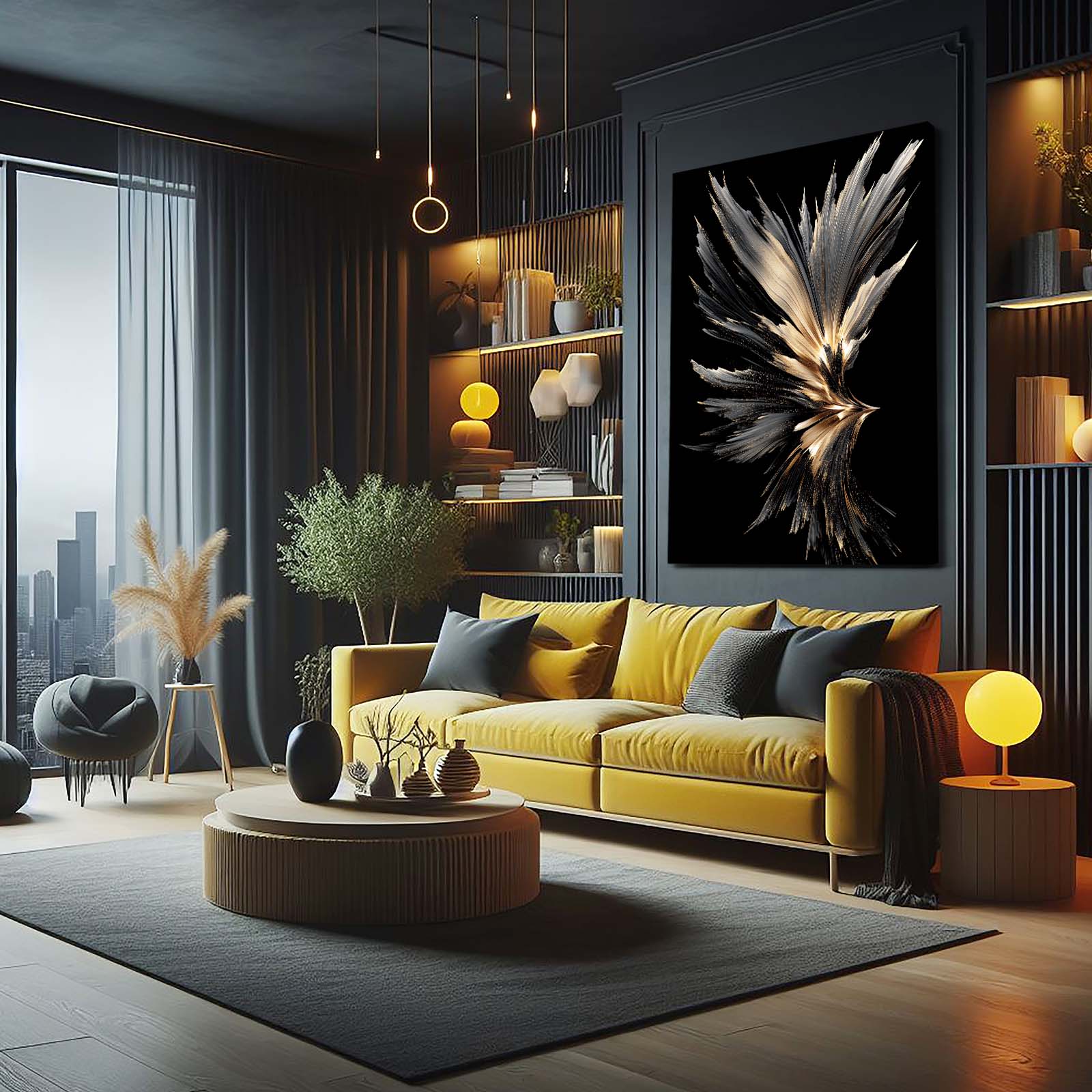 Plume Feather Spray Gold Art – styled in a furnished interior