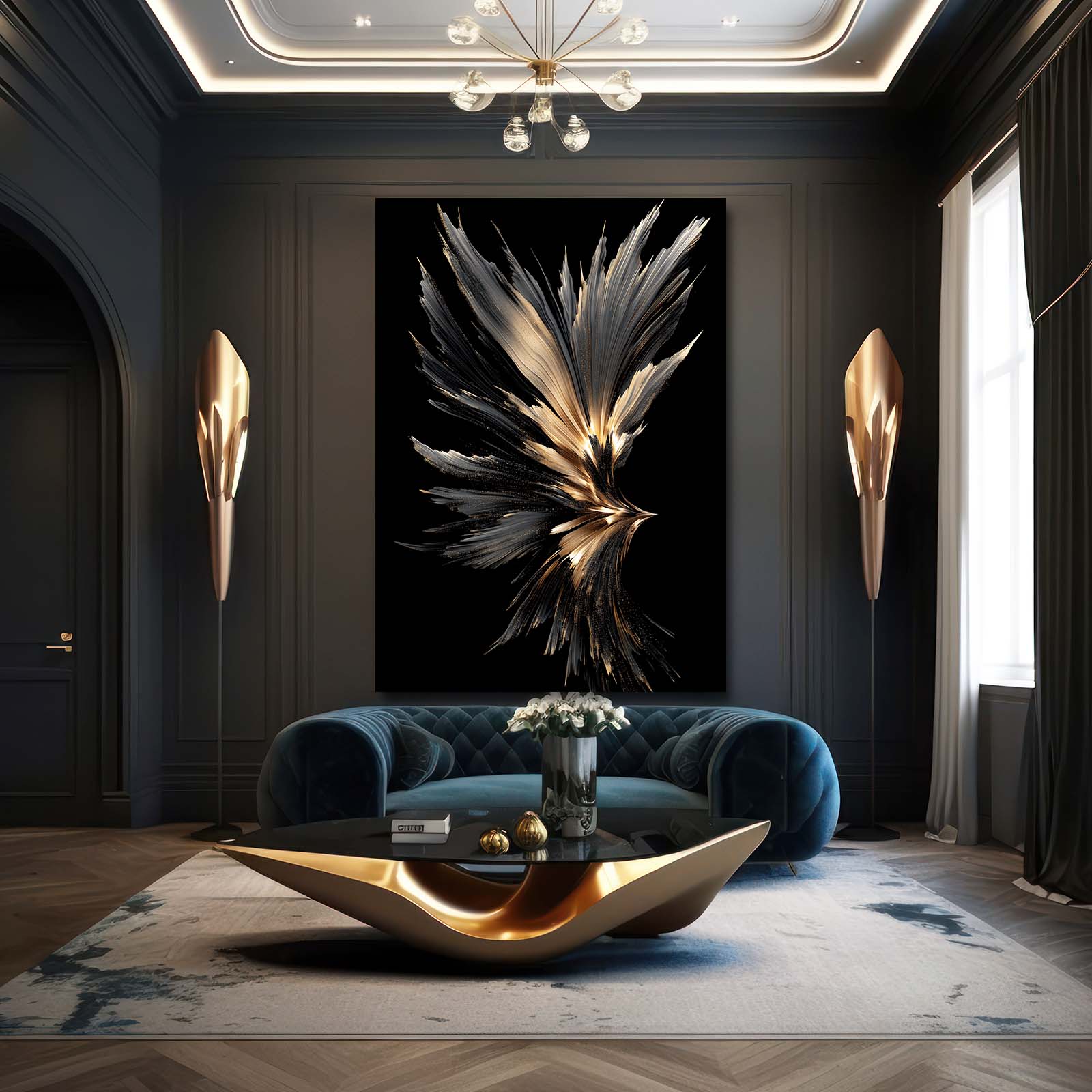 Plume Feather Spray Gold Art – styled in a furnished interior