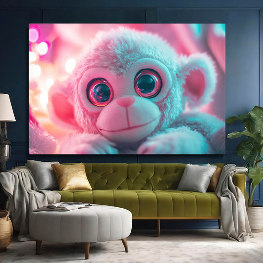 Plush Pink Cuddle Monkey Canvas Art – styled in a furnished interior