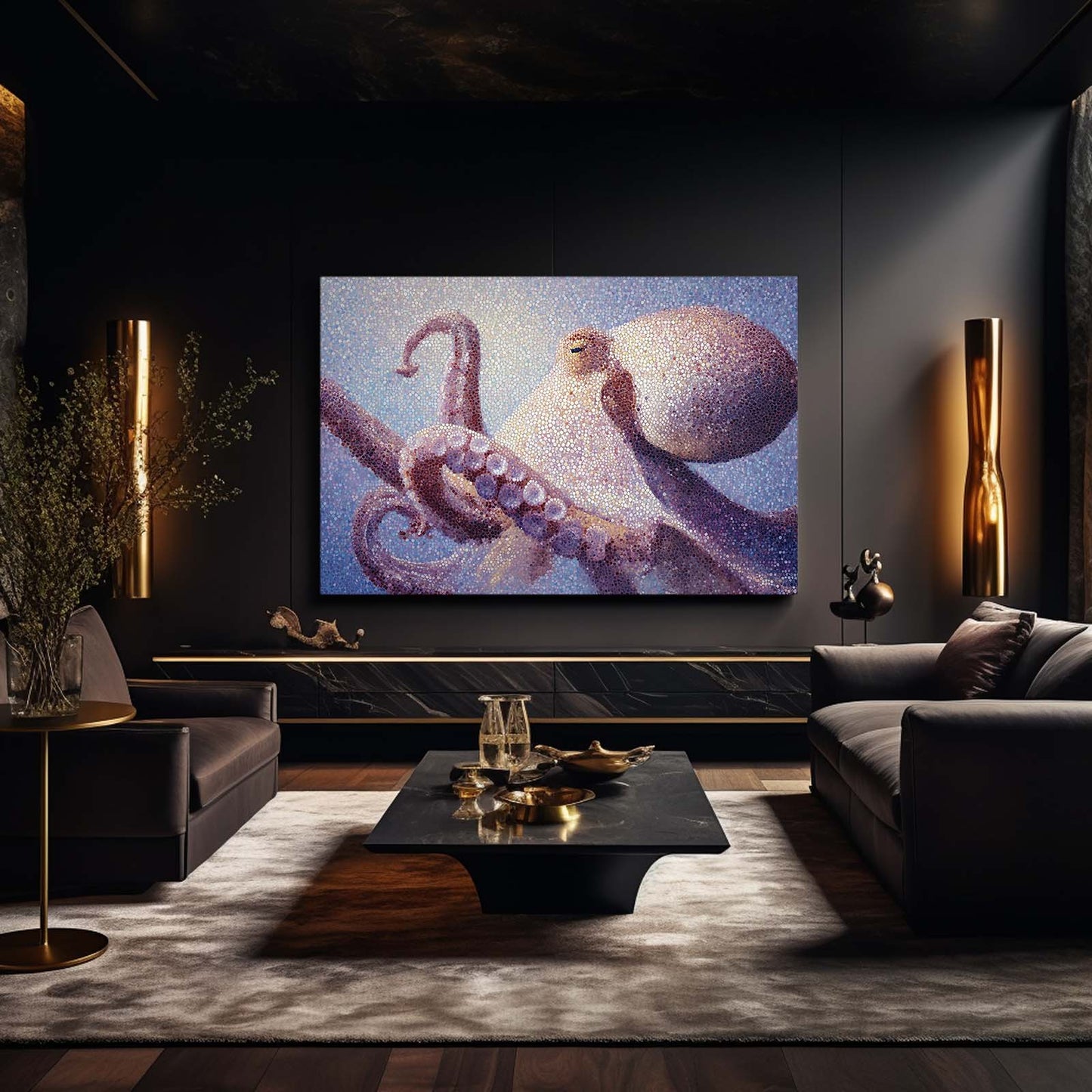 Pointillist Pair Octopus Wall Art – styled in a furnished interior