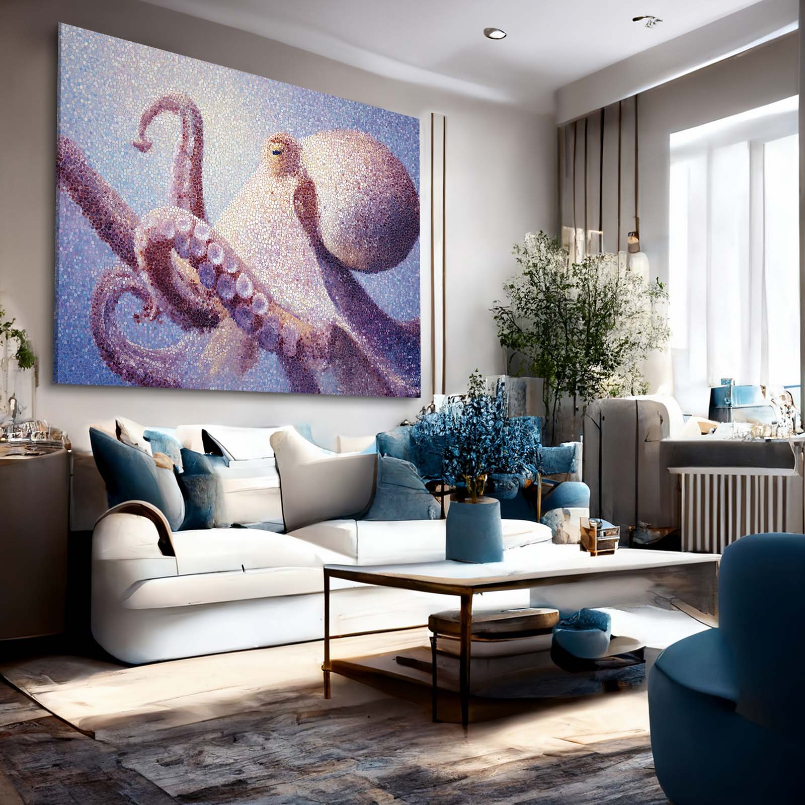 Pointillist Pair Octopus Wall Art – styled in a furnished interior