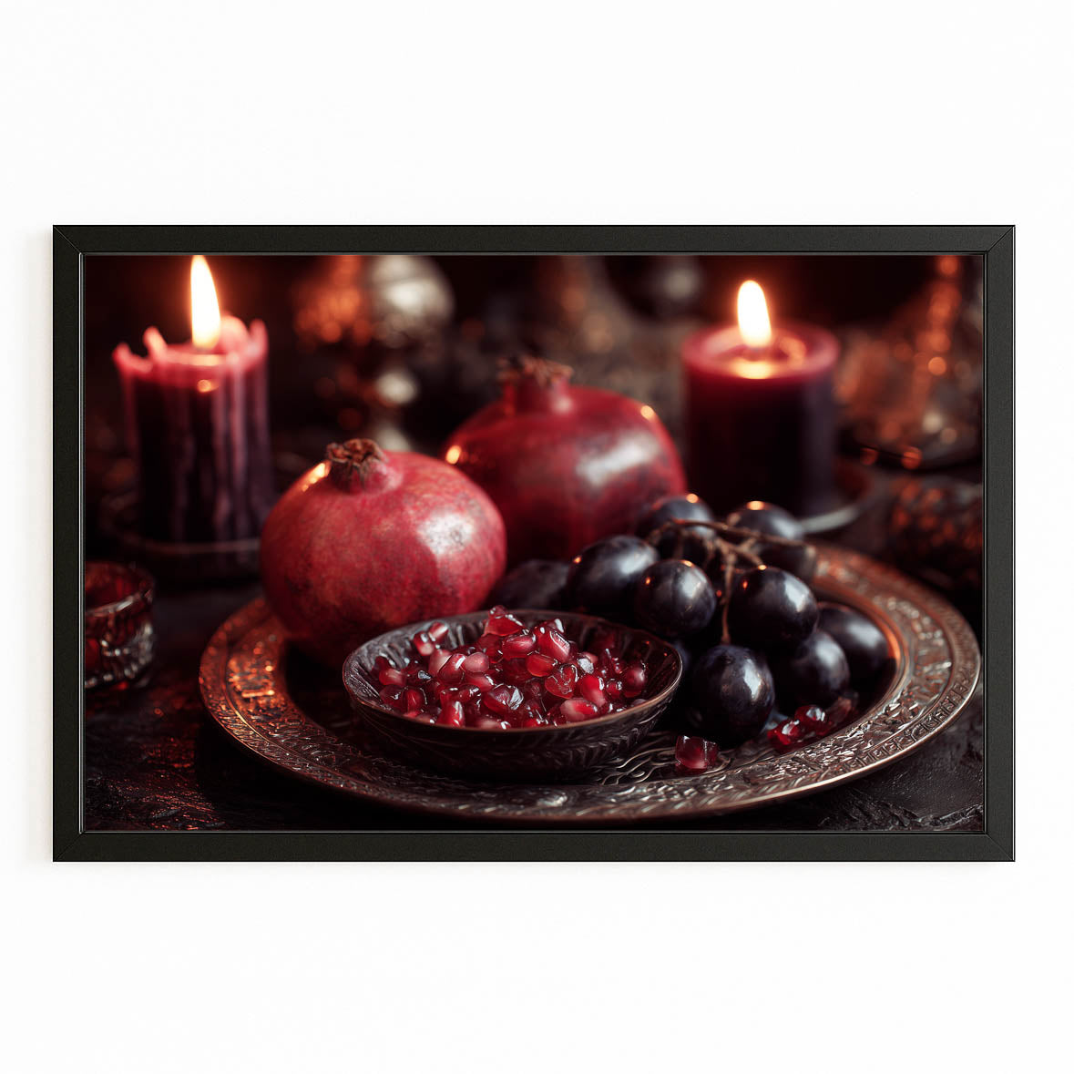 Pomegranate Candlelight Fruit Prints – with Premium Black frame on white background