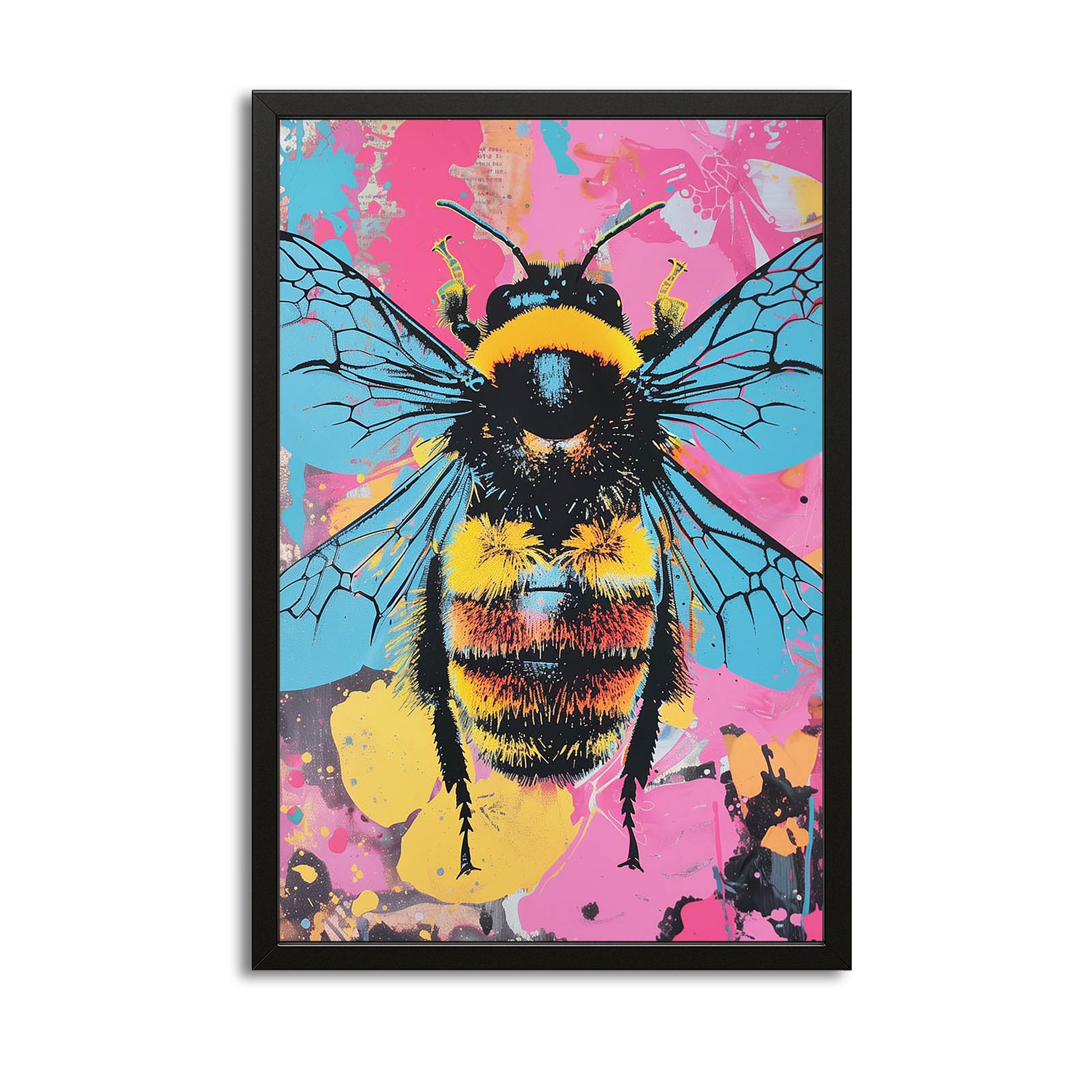 Pop Art Bee — pop art canvas print in blue tones, with Premium Black frame on white background