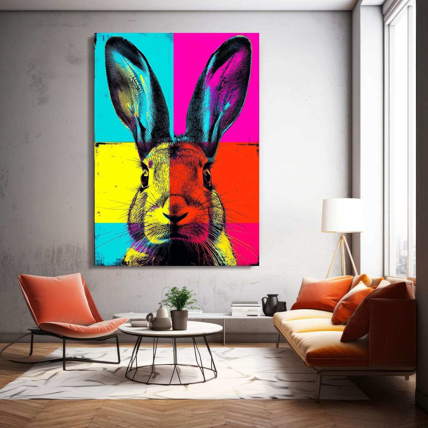 Pop Art Bunny Art – angled canvas view on white background