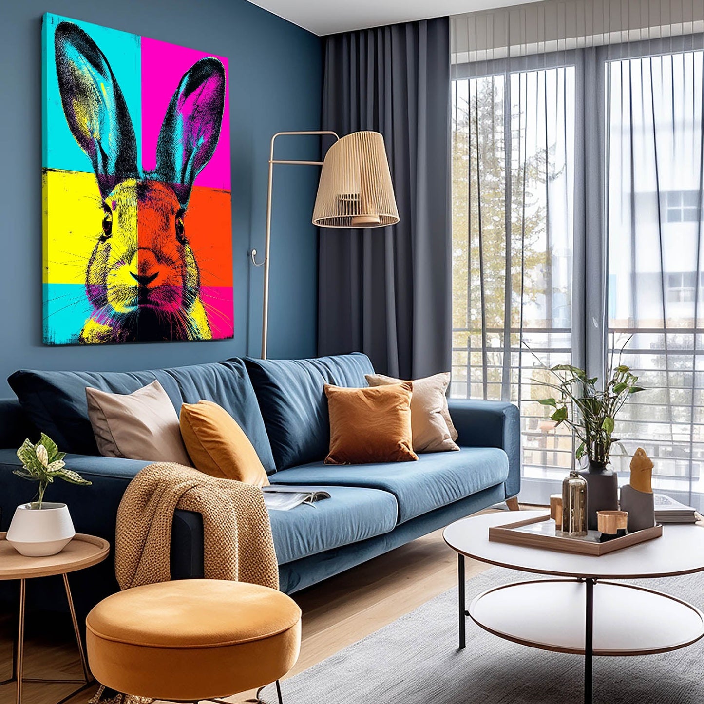 Pop Art Bunny Art – angled canvas view on white background