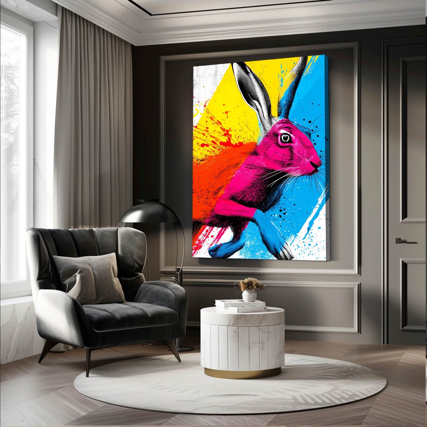 Pop Art Bunny Wall Art – angled canvas view on white background