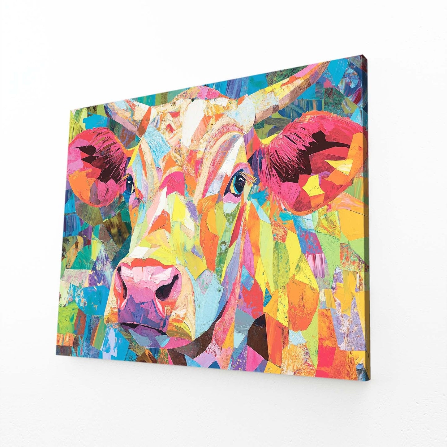 Pop Art Cow Canvas Art – angled canvas view on white background