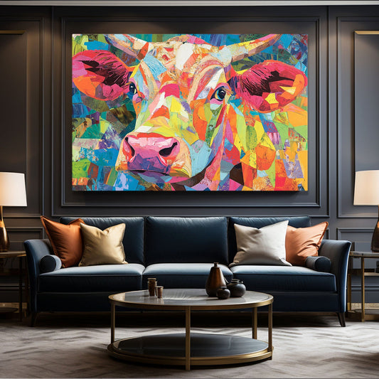 Pop Art Cow Canvas Art – angled canvas view on white background