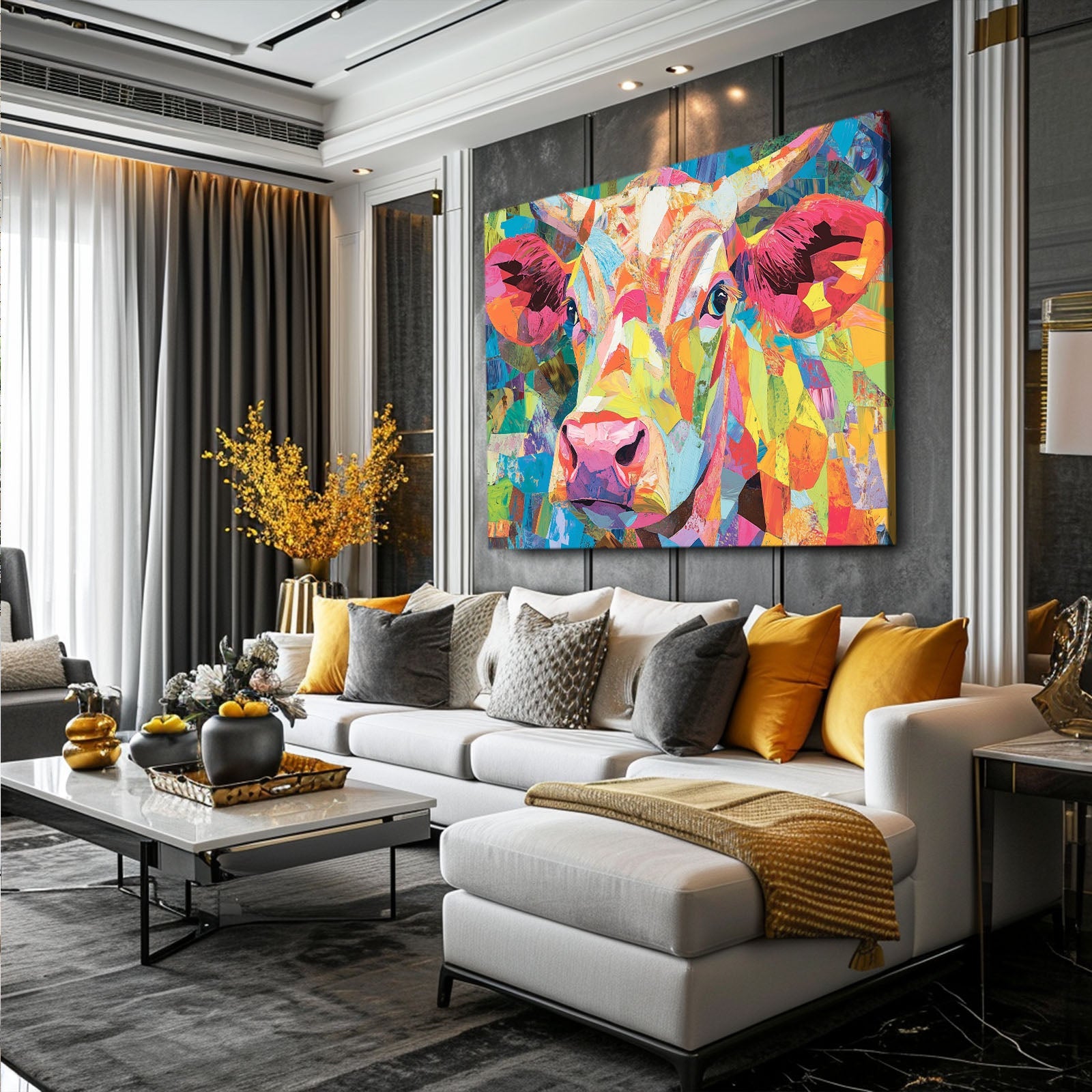 Pop Art Cow Canvas Art – angled canvas view on white background