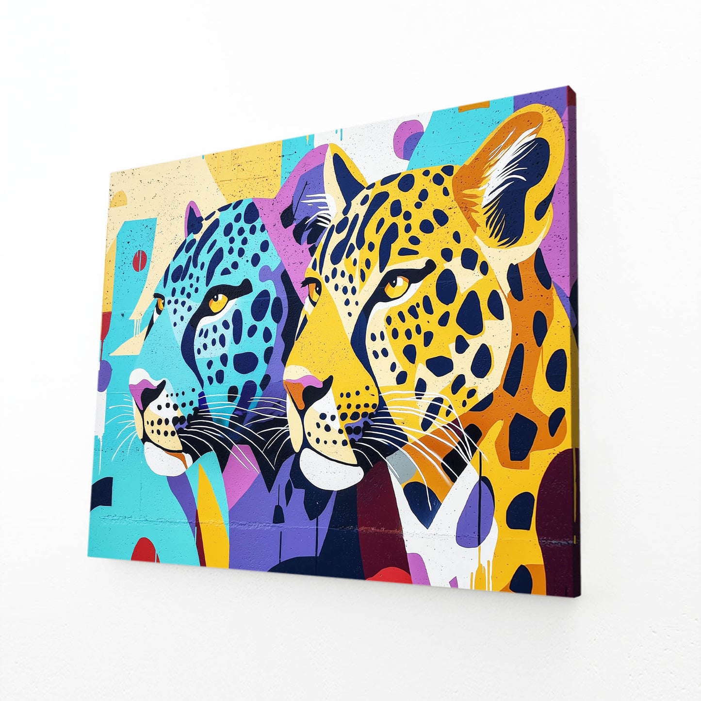Pop Art Duo Leopard Wall Art – angled canvas view on white background
