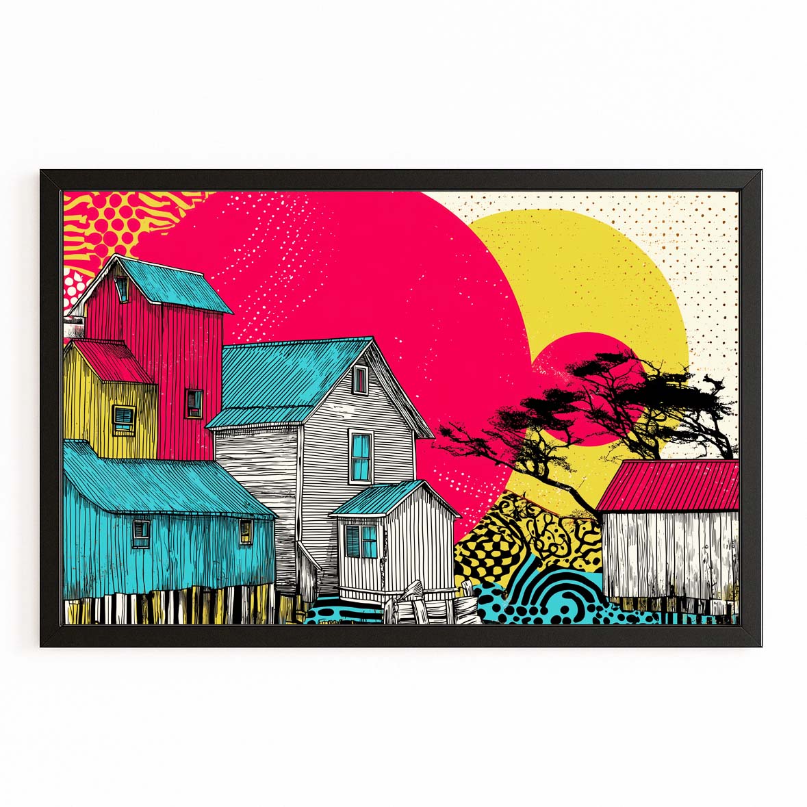 Pop Art Farmhouse Farmhouse Wall Art – with Premium Black frame on white background