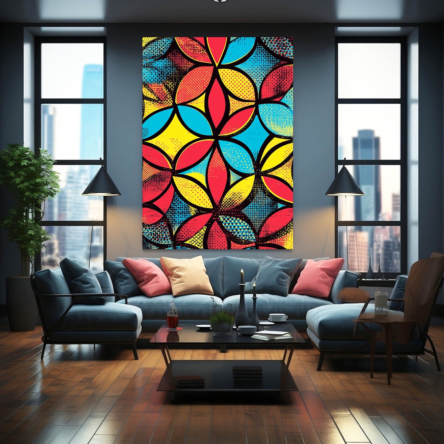 Pop Art Geometry Flower Of Life Wall Decor – styled in a furnished interior