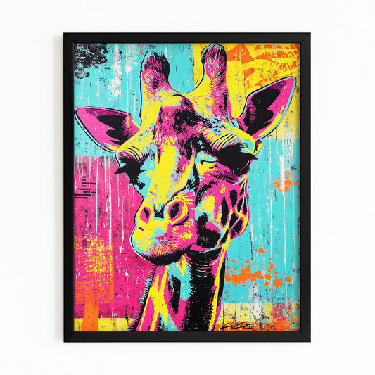 Colorful abstract giraffe painting on a white background