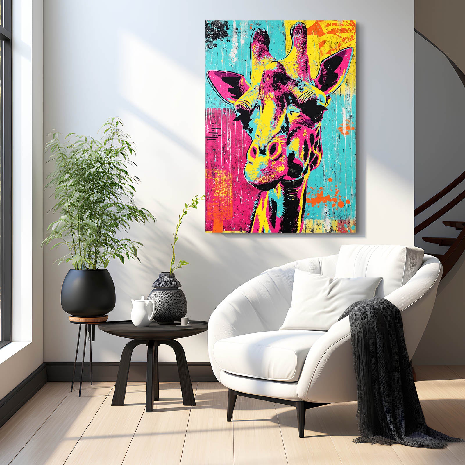 Modern living room with a white armchair, side table, and colorful giraffe painting on the wall.