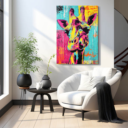 Modern living room with a white armchair, side table, and colorful giraffe painting on the wall.