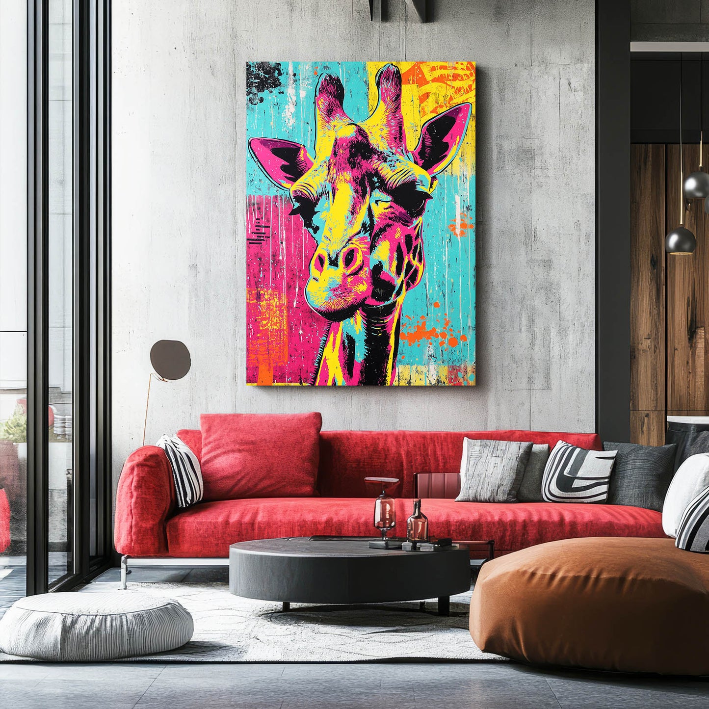 Colorful giraffe painting on a wall above a red sofa in a modern living room.