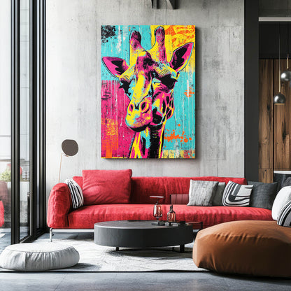 Colorful giraffe painting on a wall above a red sofa in a modern living room.