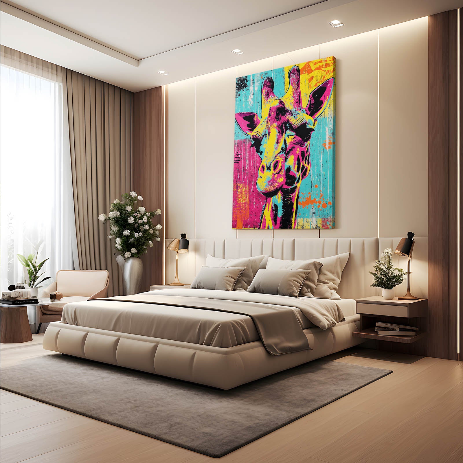 Modern bedroom with a colorful giraffe painting on the wall