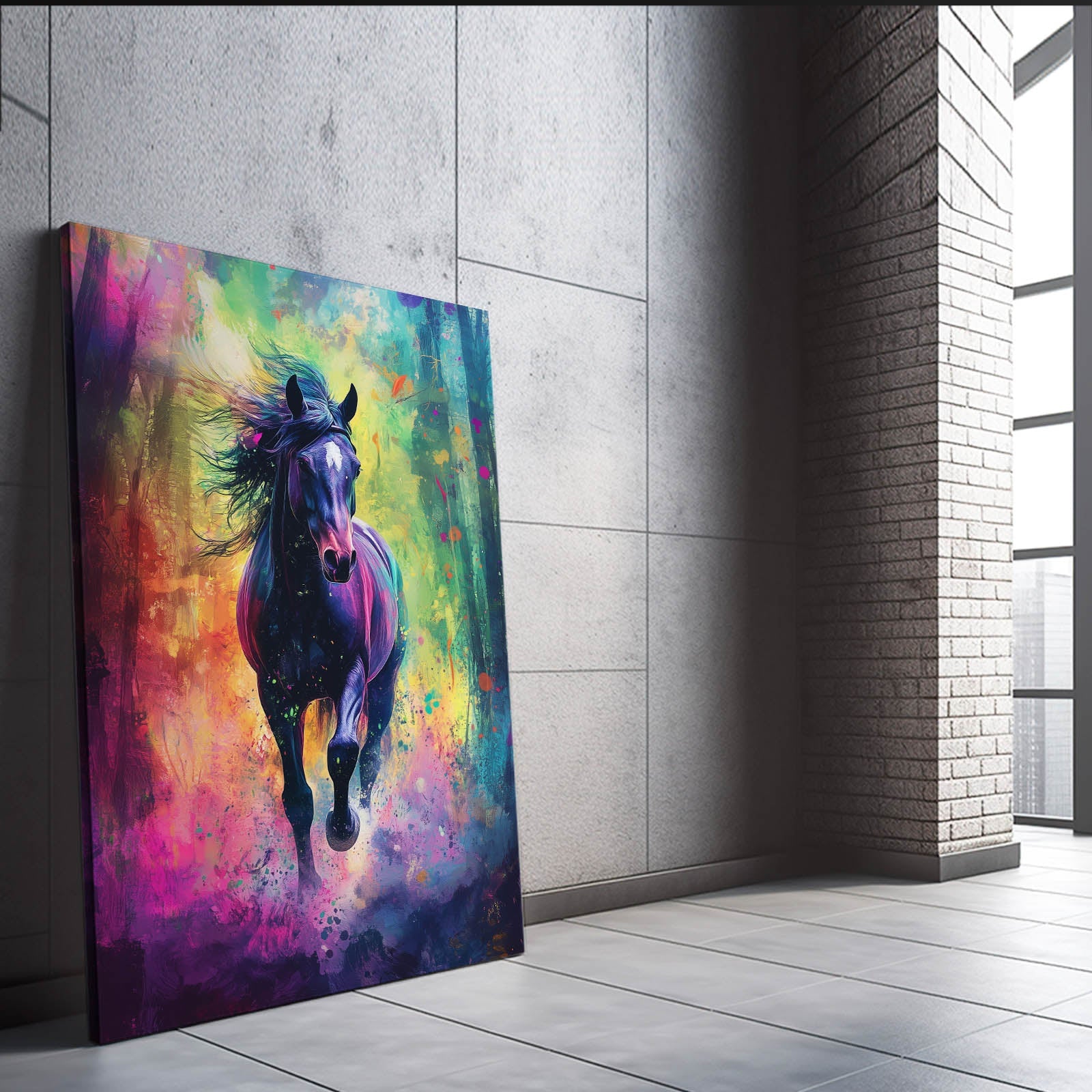 Pop Art Horse Wall Art – angled canvas view on white background