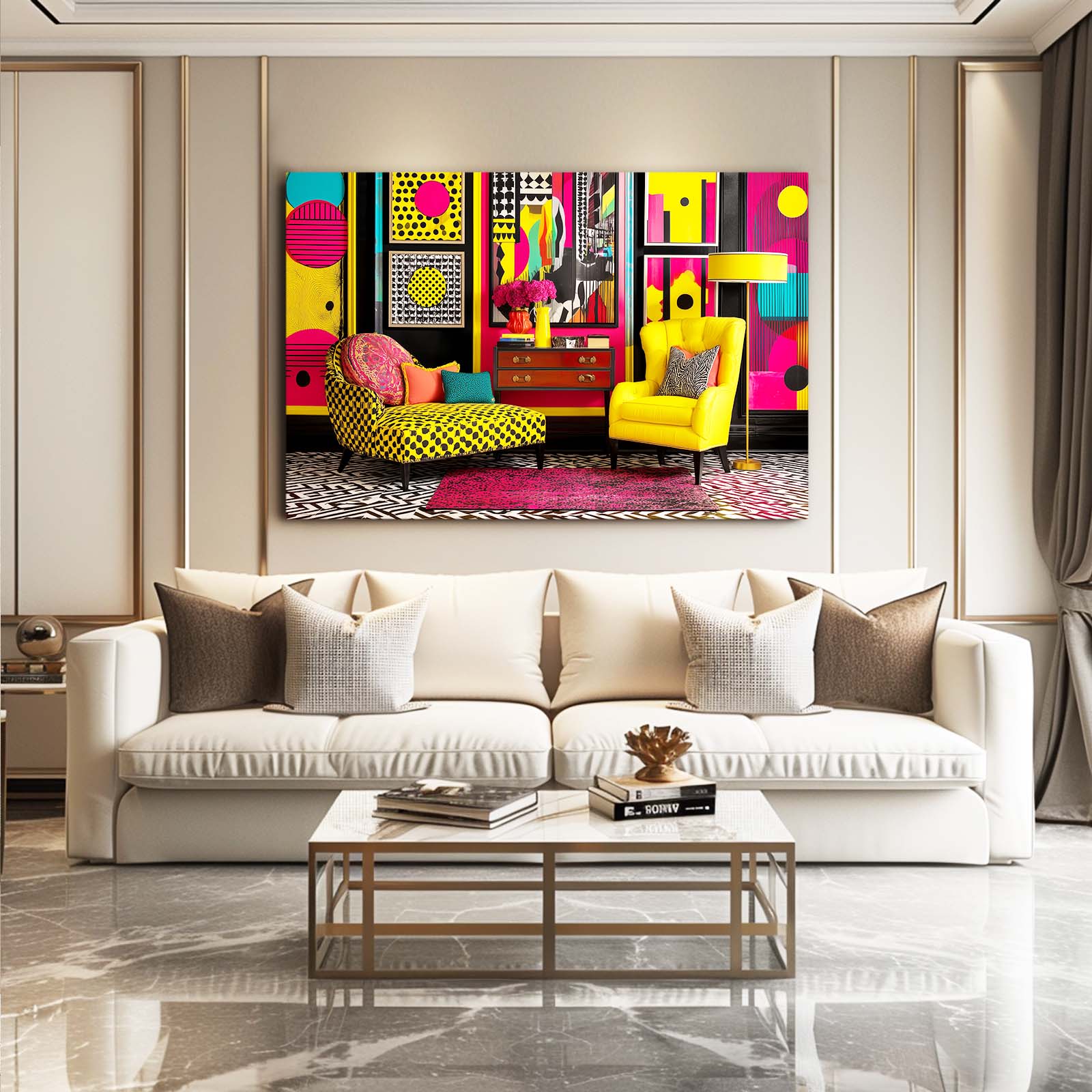 Pop Art Interior Farmhouse Prints – styled in a furnished interior