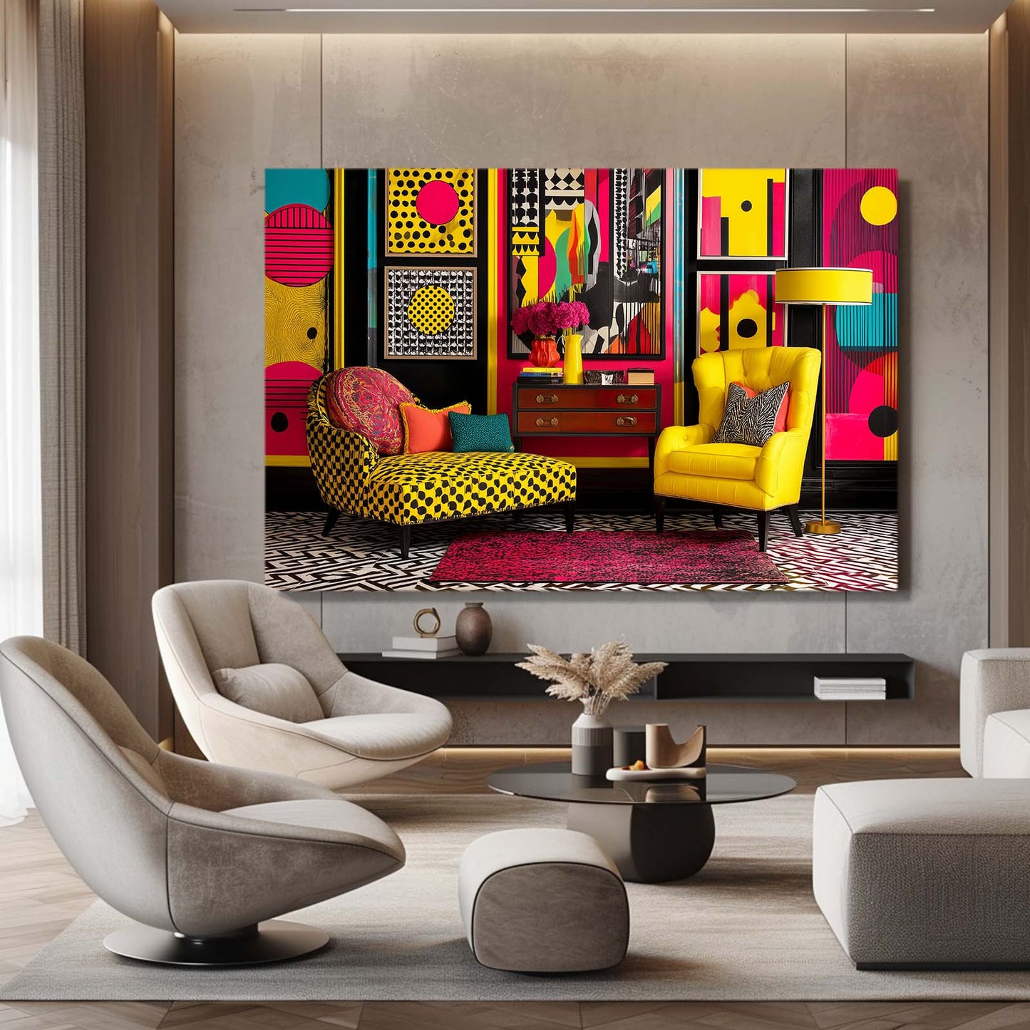 Pop Art Interior Farmhouse Prints – styled in a furnished interior
