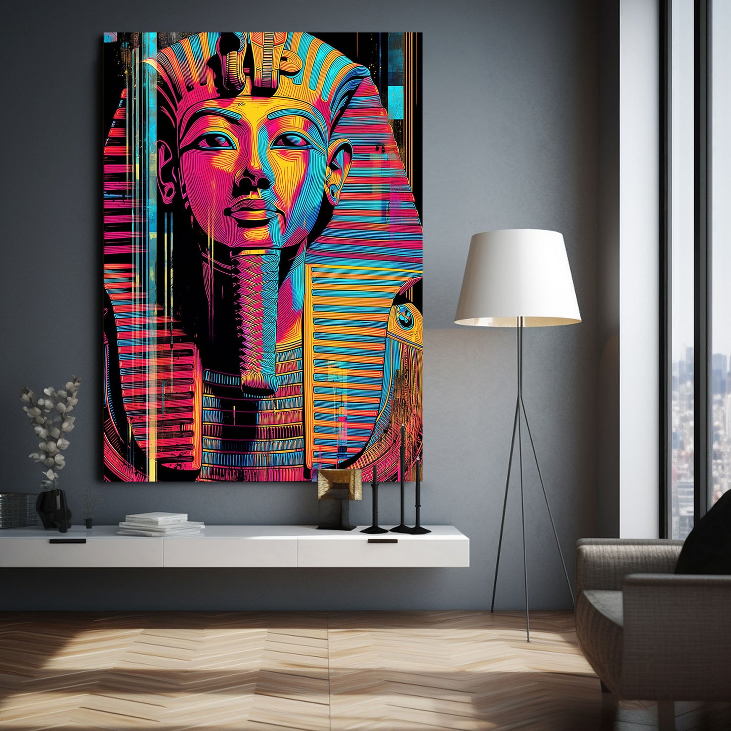 Pop Art Tutankhamun Egyptian Wall Art – styled in a furnished interior