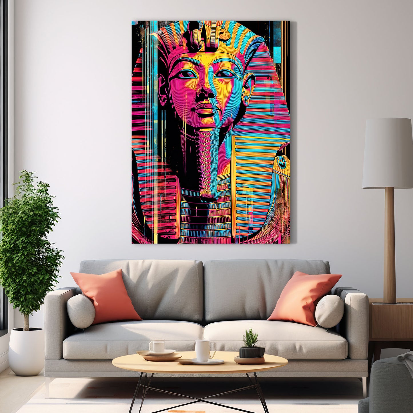 Pop Art Tutankhamun Egyptian Wall Art – styled in a furnished interior