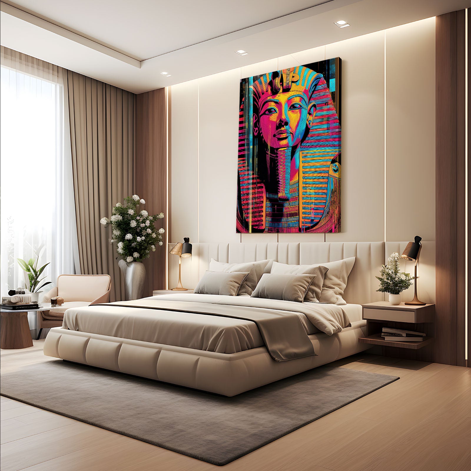 Pop Art Tutankhamun Egyptian Wall Art – styled in a furnished interior