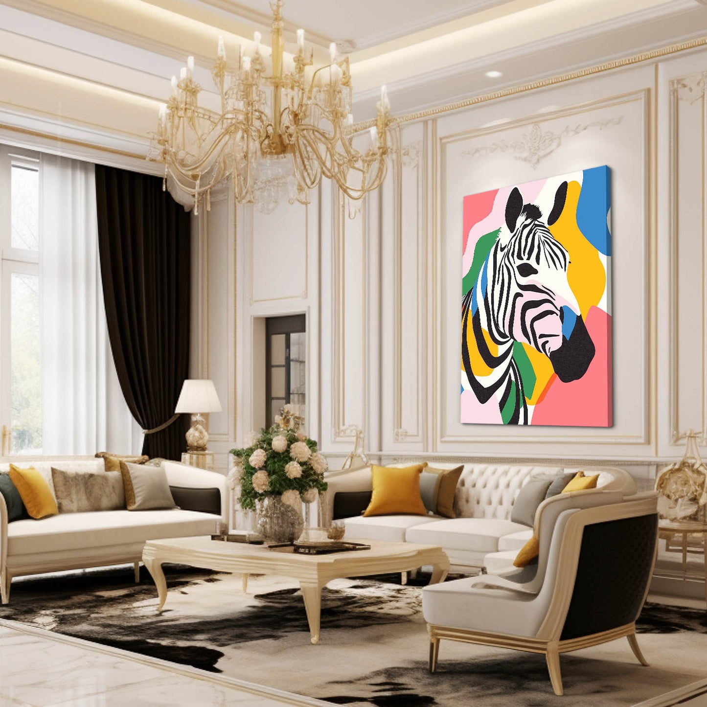 Pop Art Zebra Art – styled in a furnished interior