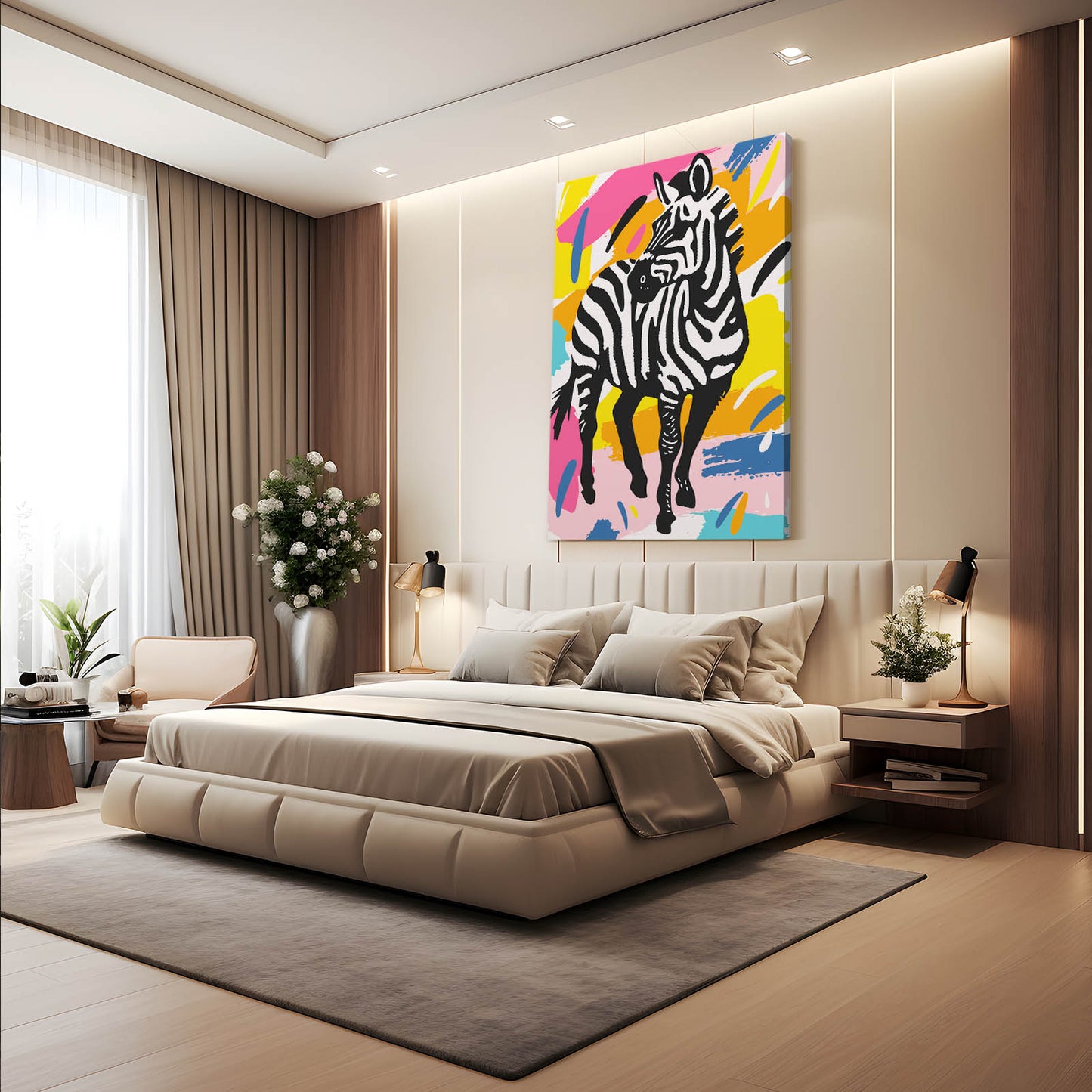 Pop Art Zebra Canvas – styled in a furnished interior
