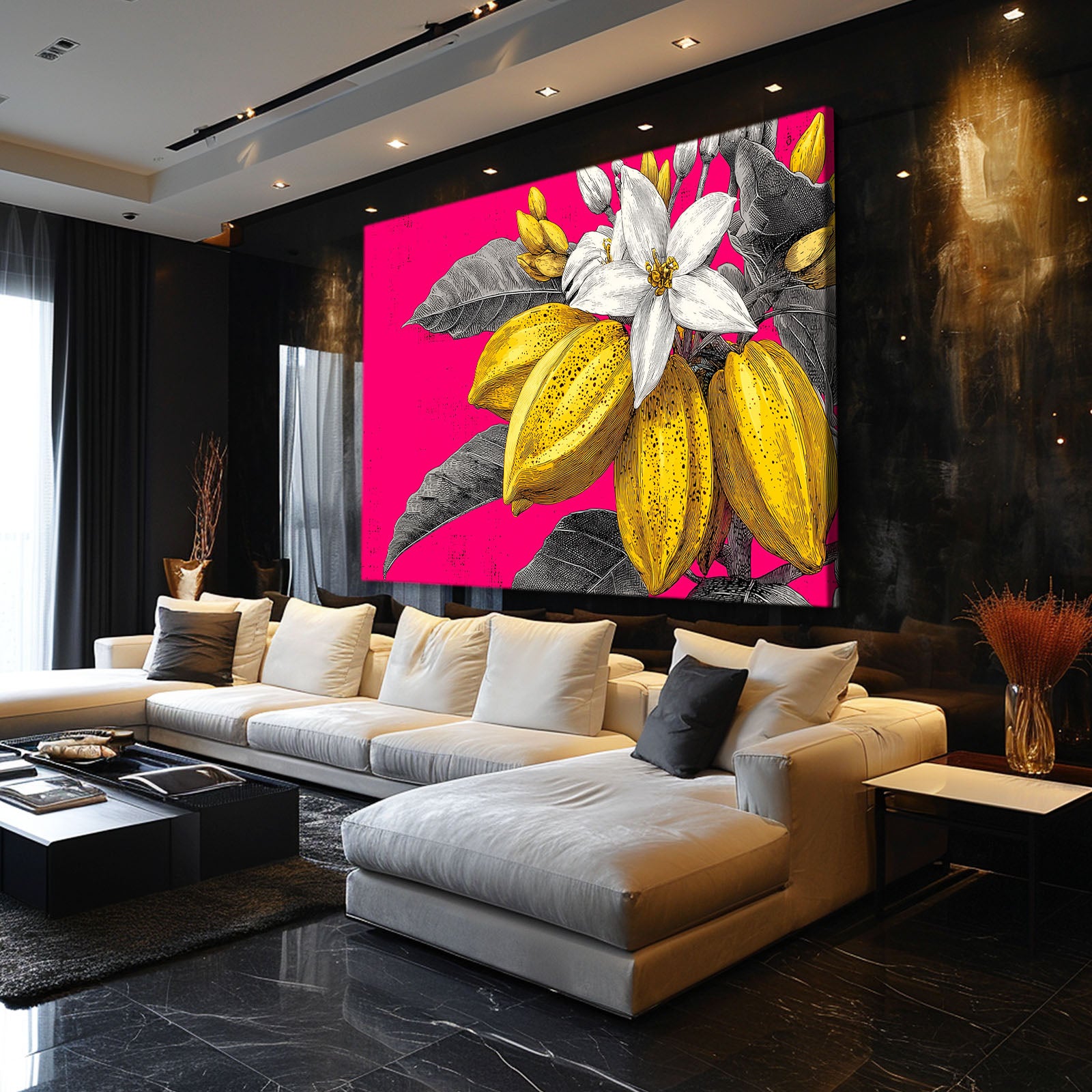 Pop Banana Bloom Fruit Canvas – styled in a furnished interior