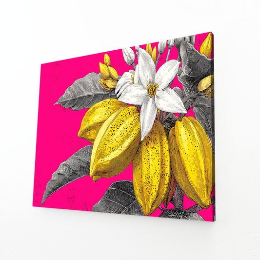 Pop Banana Bloom Fruit Canvas – angled canvas view on white background