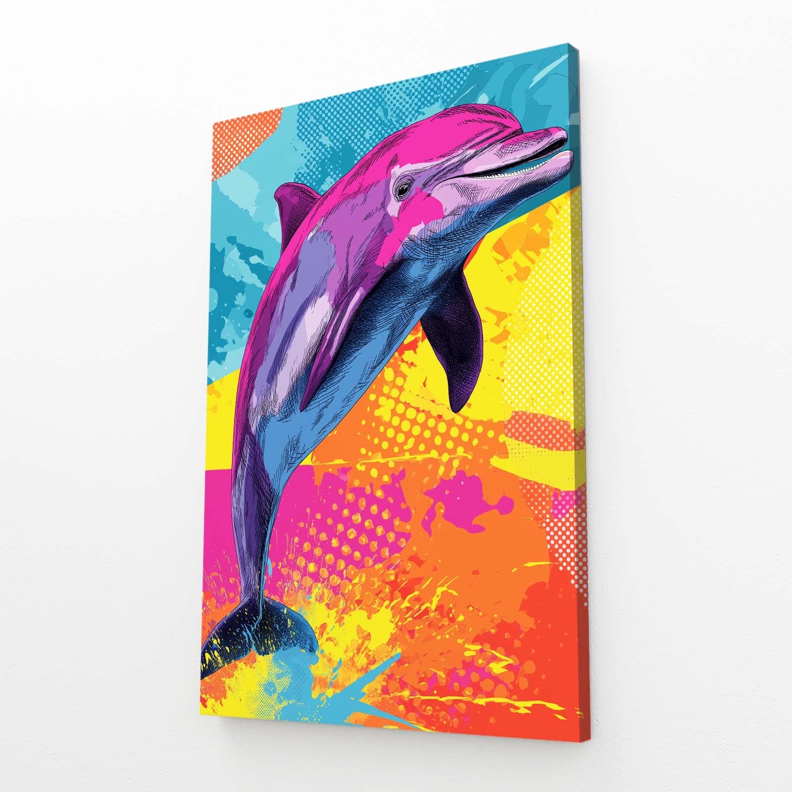 Pop Burst Dolphin Wall Art – angled canvas view on white background