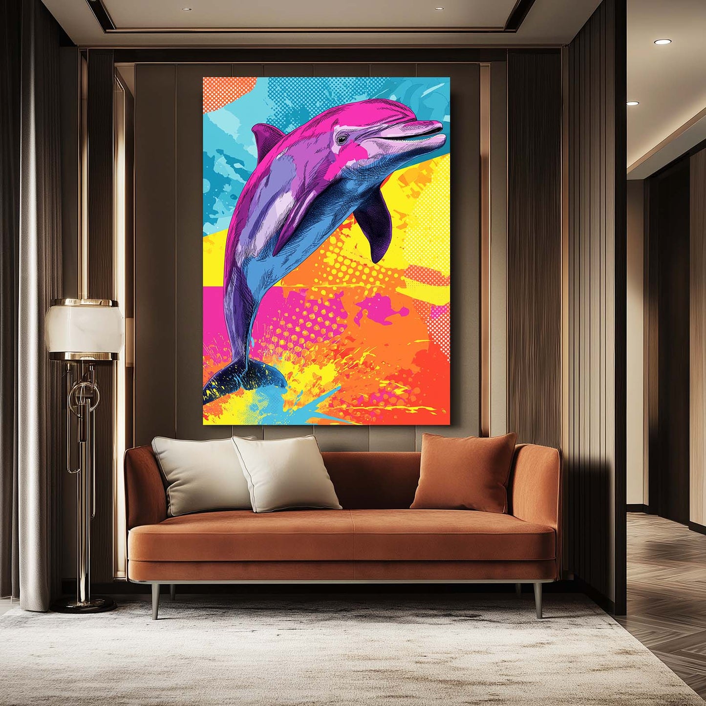 Pop Burst Dolphin Wall Art – styled in a furnished interior