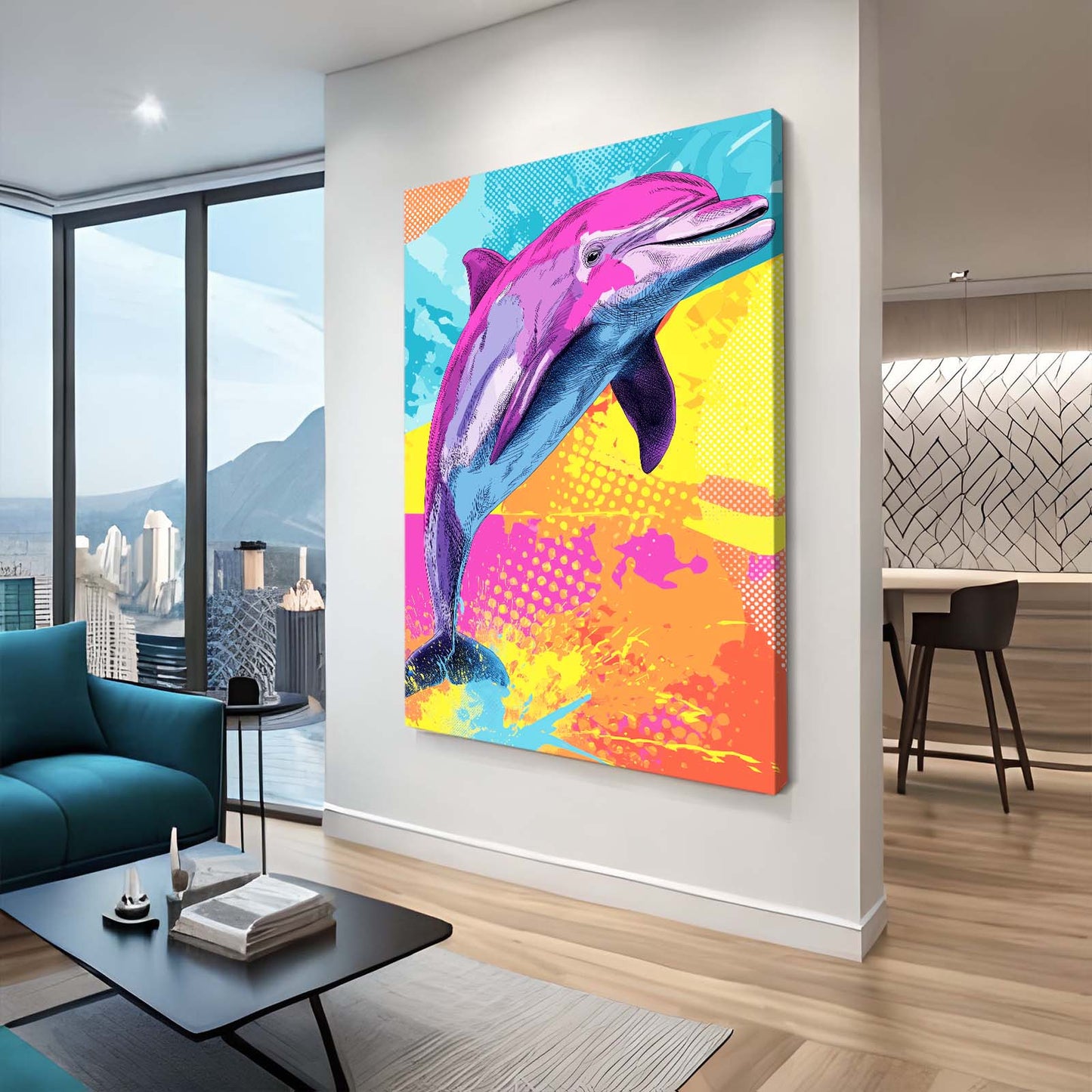 Pop Burst Dolphin Wall Art – styled in a furnished interior