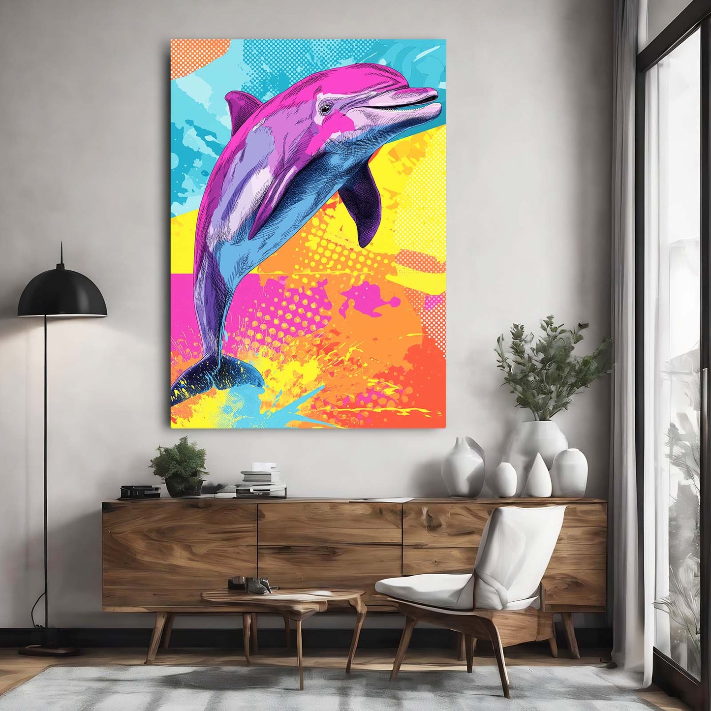 Pop Burst Dolphin Wall Art – styled in a furnished interior