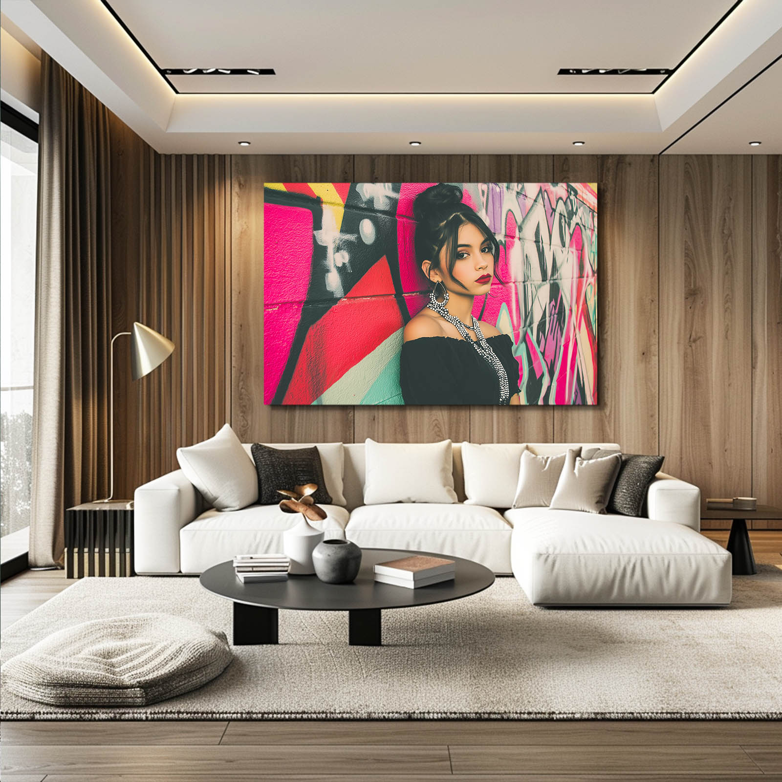 Pop Collage Photography Wall Art – above a scandi sofa with green cushions