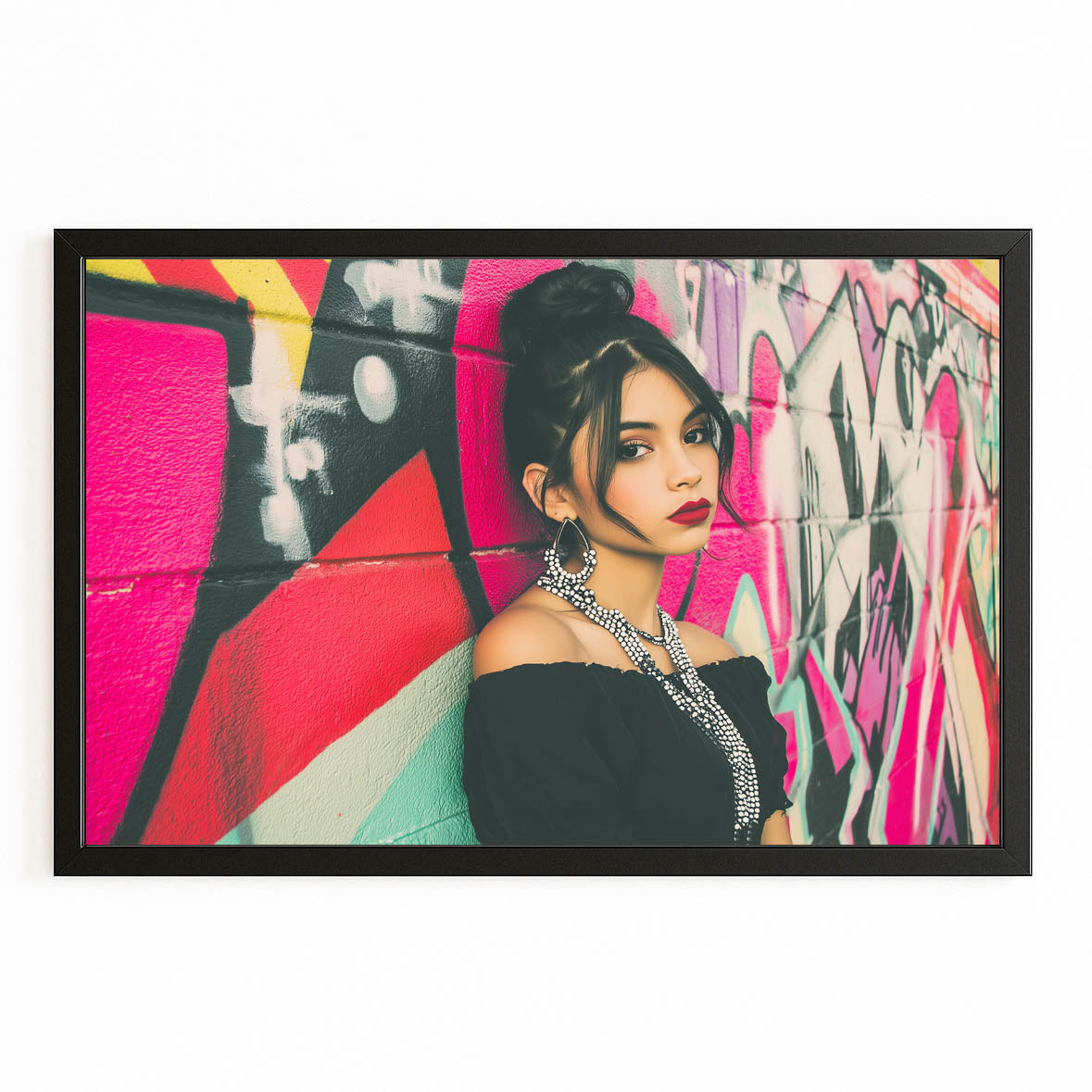 Pop Collage Photography Wall Art — photography canvas print, with Premium Black frame on white background