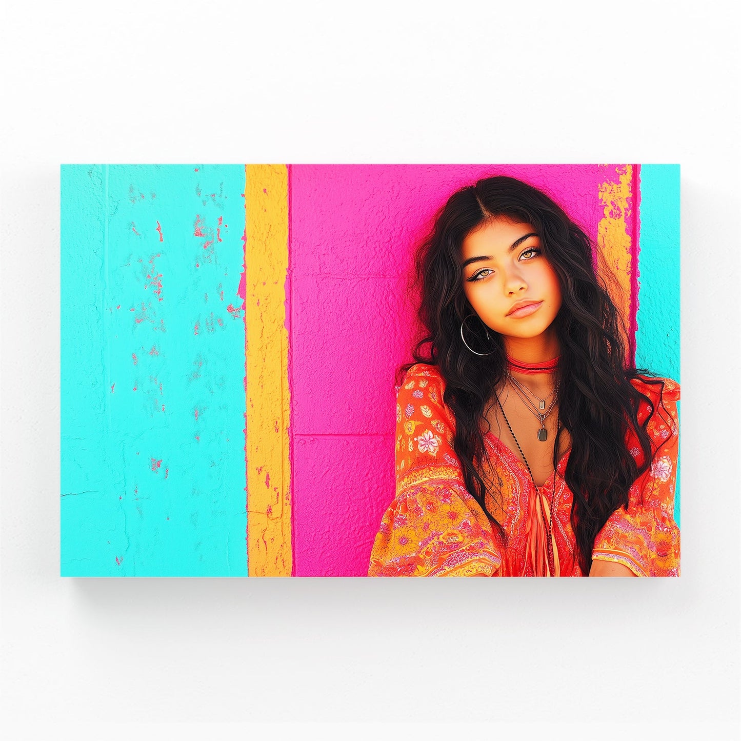 Pop Color Photography Wall Decor – young woman in orange against split pink and teal panels